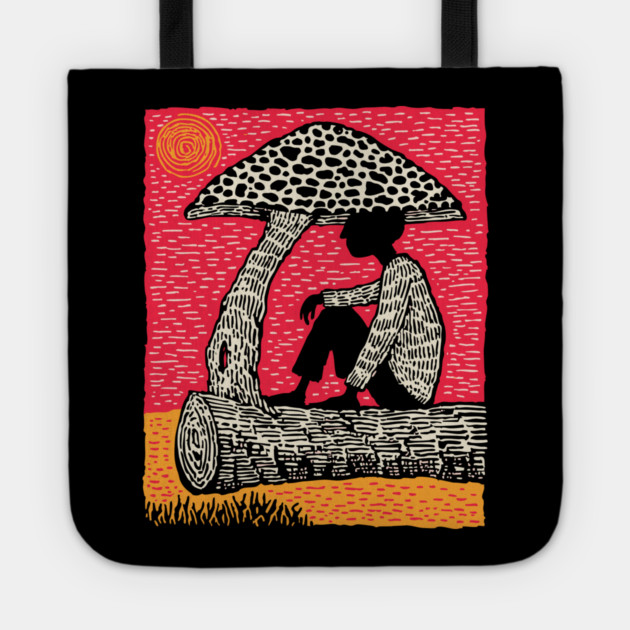 Shrooming Under Sun – Forest Solace Linocut Tote by TuncGK