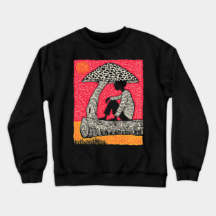 Shrooming Under Sun – Forest Solace Linocut Crewneck Sweatshirt