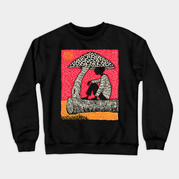 Shrooming Under Sun – Forest Solace Linocut Crewneck Sweatshirt by TuncGK