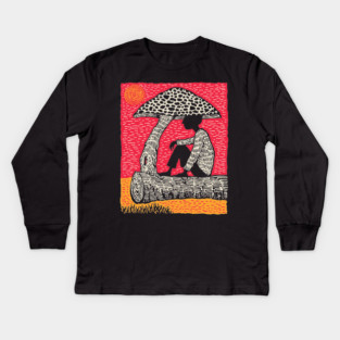 Shrooming Under Sun – Forest Solace Linocut Kids Long Sleeve T-Shirt