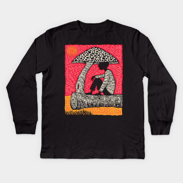 Shrooming Under Sun – Forest Solace Linocut Kids Long Sleeve T-Shirt by TuncGK