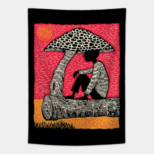 Shrooming Under Sun – Forest Solace Linocut Tapestry