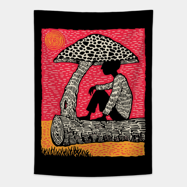 Shrooming Under Sun – Forest Solace Linocut Tapestry by TuncGK