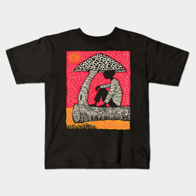 Shrooming Under Sun – Forest Solace Linocut Kids T-Shirt by TuncGK