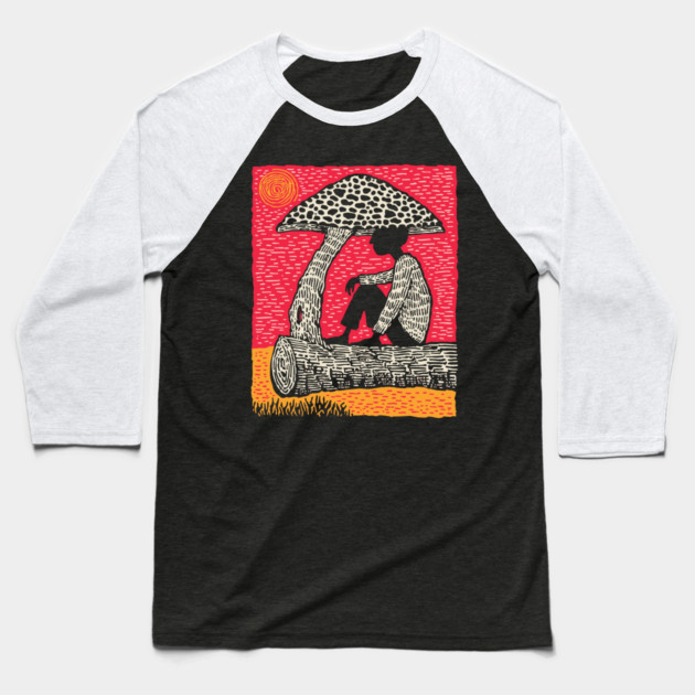 Shrooming Under Sun – Forest Solace Linocut Baseball T-Shirt by TuncGK