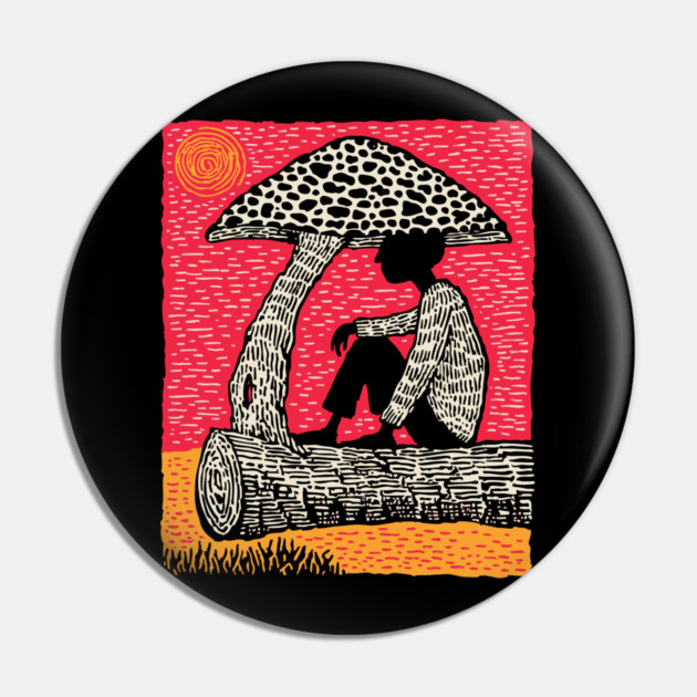 Shrooming Under Sun – Forest Solace Linocut Pin by TuncGK