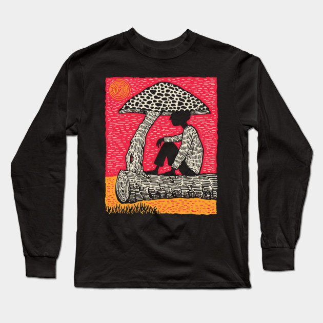 Shrooming Under Sun – Forest Solace Linocut Long Sleeve T-Shirt by TuncGK