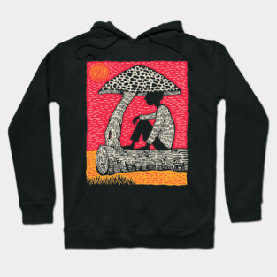 Shrooming Under Sun – Forest Solace Linocut Hoodie