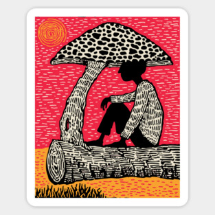 Shrooming Under Sun – Forest Solace Linocut Sticker