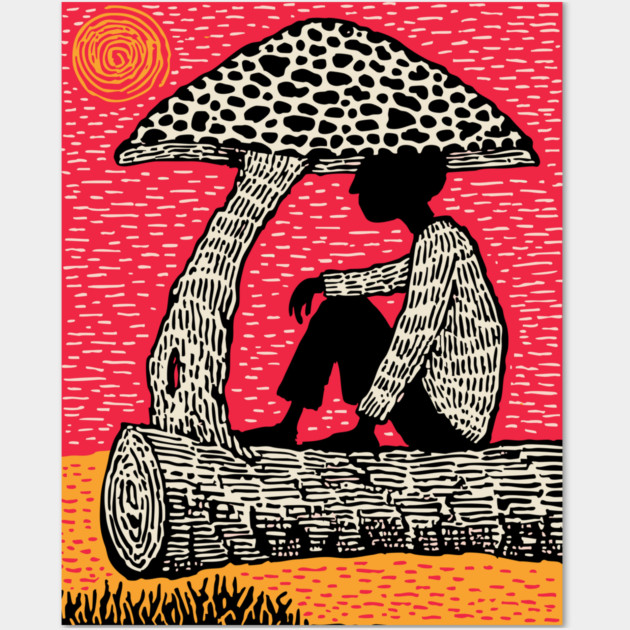 Shrooming Under Sun – Forest Solace Linocut Wall Art by TuncGK