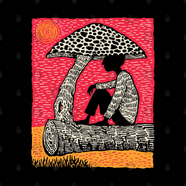 Shrooming Under Sun – Forest Solace Linocut by TuncGK