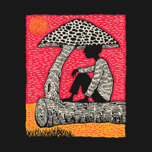 Shrooming Under Sun – Forest Solace Linocut T-Shirt
