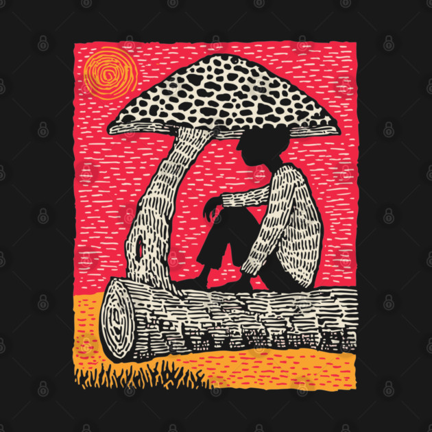 Shrooming Under Sun – Forest Solace Linocut by TuncGK