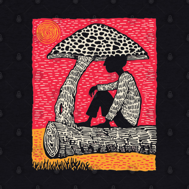 Shrooming Under Sun – Forest Solace Linocut by TuncGK