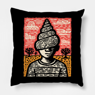 Shell Head – Introverted Spirit Linocut Portrait Pillow
