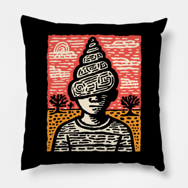 Shell Head – Introverted Spirit Linocut Portrait Pillow by TuncGK