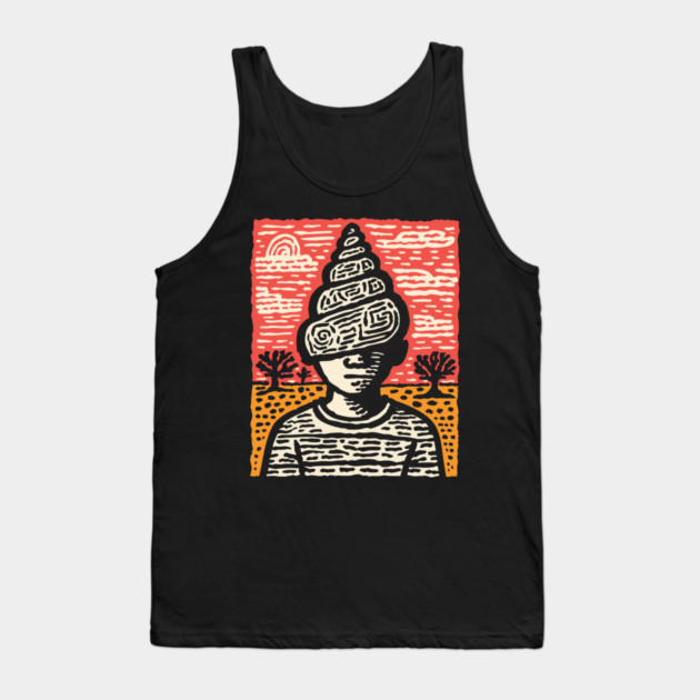 Shell Head – Introverted Spirit Linocut Portrait Tank Top by TuncGK