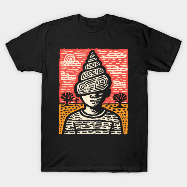 Shell Head – Introverted Spirit Linocut Portrait T-Shirt by TuncGK