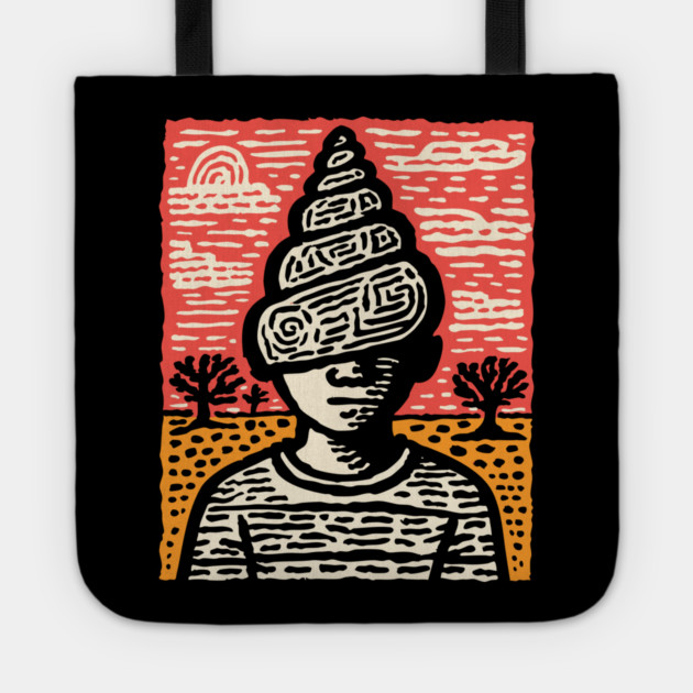 Shell Head – Introverted Spirit Linocut Portrait Tote by TuncGK