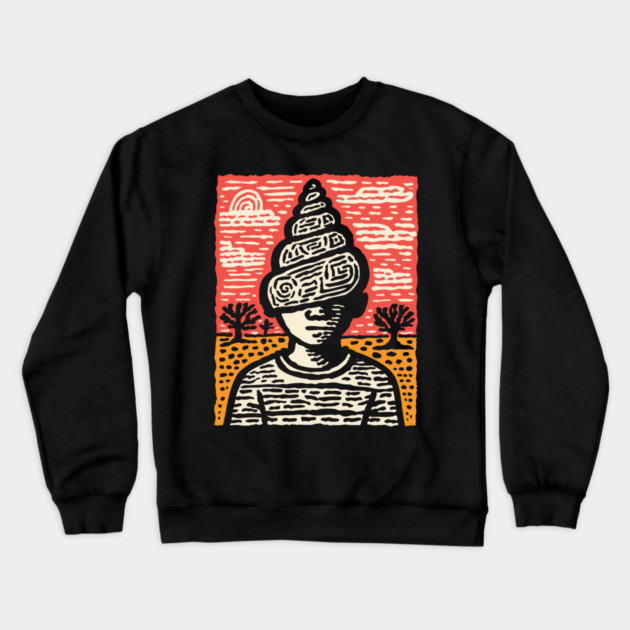 Shell Head – Introverted Spirit Linocut Portrait Crewneck Sweatshirt by TuncGK