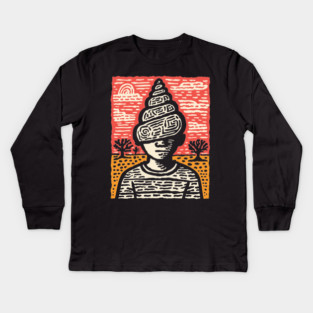 Shell Head – Introverted Spirit Linocut Portrait Kids Long Sleeve T-Shirt