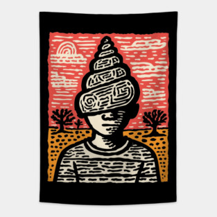 Shell Head – Introverted Spirit Linocut Portrait Tapestry