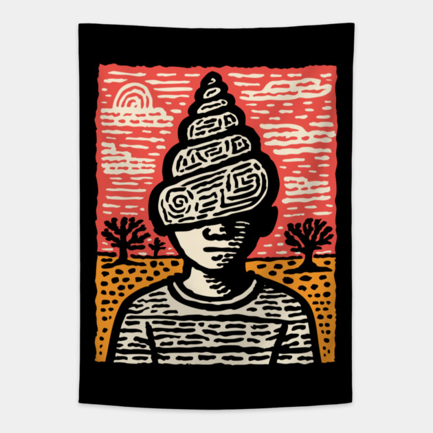 Shell Head – Introverted Spirit Linocut Portrait Tapestry by TuncGK
