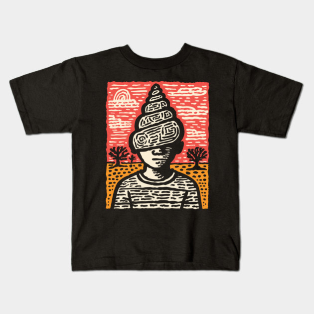 Shell Head – Introverted Spirit Linocut Portrait Kids T-Shirt by TuncGK