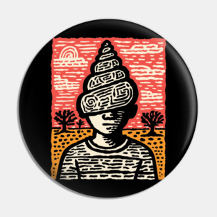 Shell Head – Introverted Spirit Linocut Portrait Pin