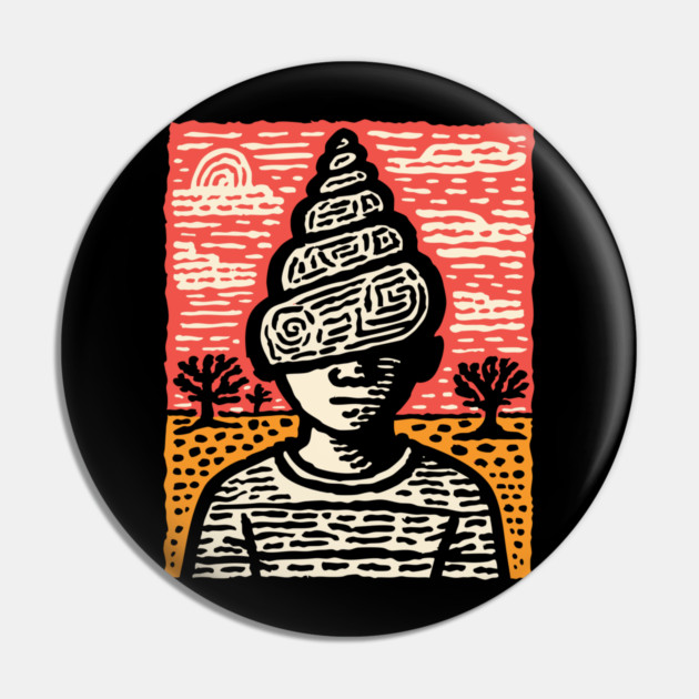Shell Head – Introverted Spirit Linocut Portrait Pin by TuncGK