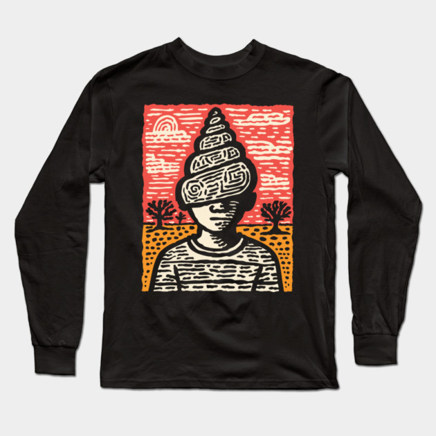 Shell Head – Introverted Spirit Linocut Portrait Long Sleeve T-Shirt by TuncGK