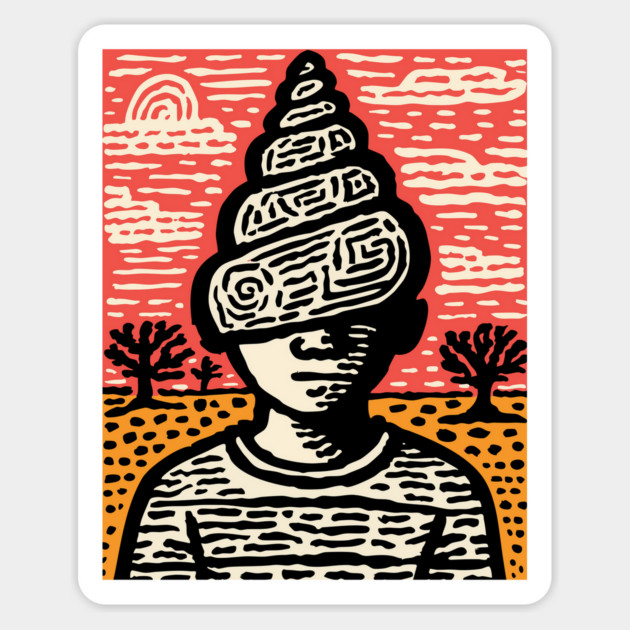 Shell Head – Introverted Spirit Linocut Portrait Magnet by TuncGK