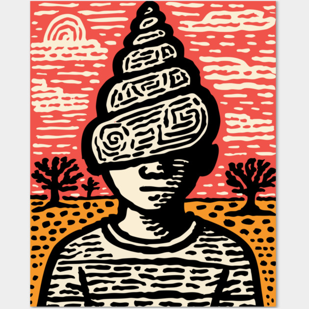 Shell Head – Introverted Spirit Linocut Portrait Wall Art by TuncGK