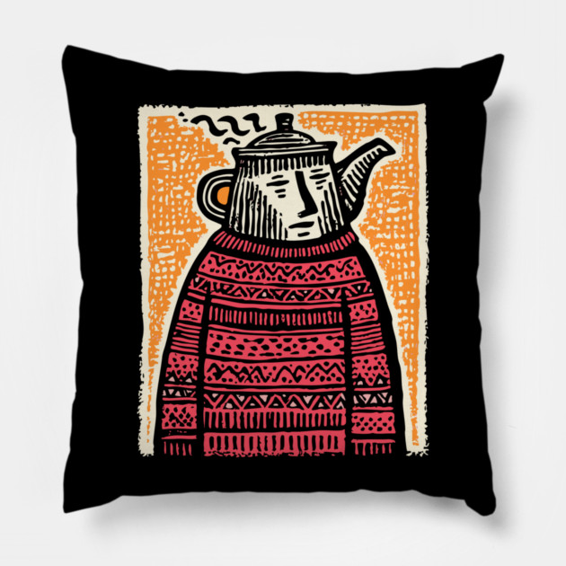 Tea Lover – Cozy Ritual Linocut Character Pillow by TuncGK