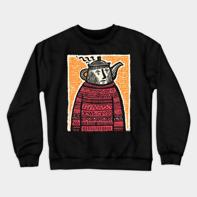 Tea Lover – Cozy Ritual Linocut Character Crewneck Sweatshirt by TuncGK