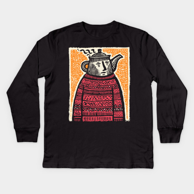 Tea Lover – Cozy Ritual Linocut Character Kids Long Sleeve T-Shirt by TuncGK