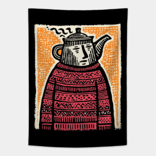 Tea Lover – Cozy Ritual Linocut Character Tapestry