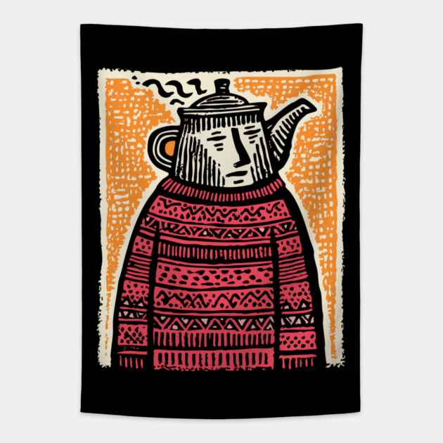 Tea Lover – Cozy Ritual Linocut Character Tapestry by TuncGK