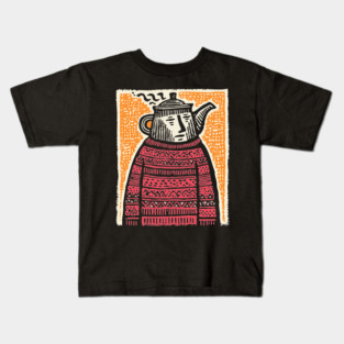 Tea Lover – Cozy Ritual Linocut Character Kids T-Shirt