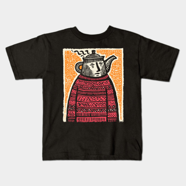 Tea Lover – Cozy Ritual Linocut Character Kids T-Shirt by TuncGK