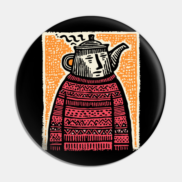 Tea Lover – Cozy Ritual Linocut Character Pin by TuncGK