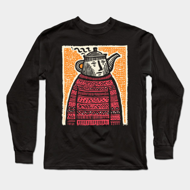 Tea Lover – Cozy Ritual Linocut Character Long Sleeve T-Shirt by TuncGK