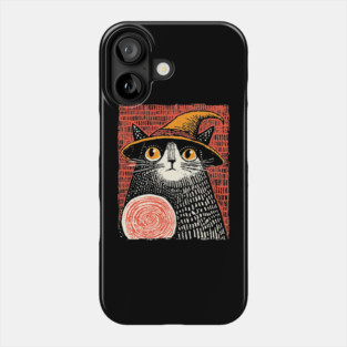Witch Cat with Crystal Ball – Spooky Halloween Linocut Phone Case