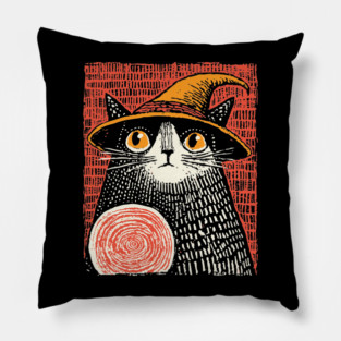 Witch Cat with Crystal Ball – Spooky Halloween Linocut Pillow