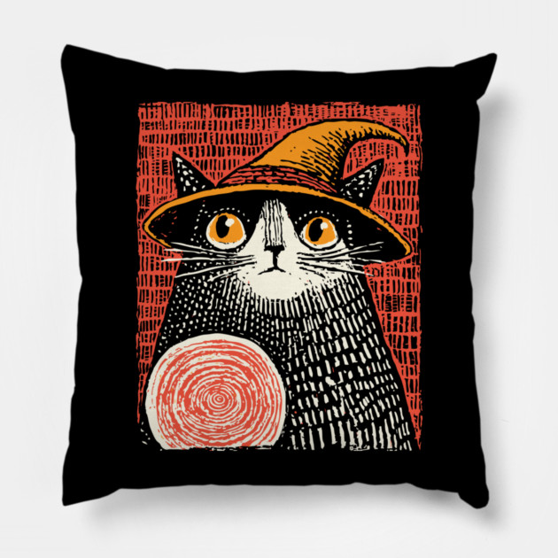 Witch Cat with Crystal Ball – Spooky Halloween Linocut Pillow by TuncGK