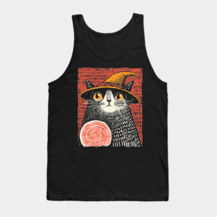 Witch Cat with Crystal Ball – Spooky Halloween Linocut Tank Top