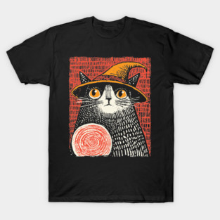 Witch Cat with Crystal Ball – Spooky Halloween Linocut T-Shirt