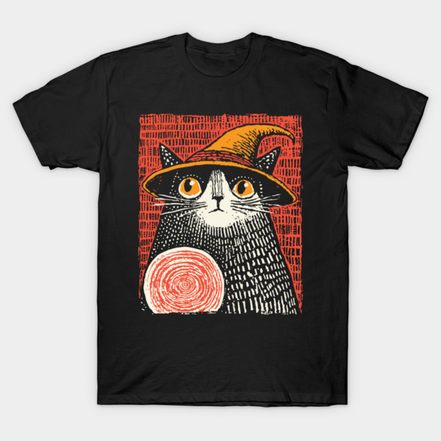 Witch Cat with Crystal Ball – Spooky Halloween Linocut T-Shirt by TuncGK