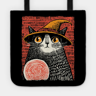 Witch Cat with Crystal Ball – Spooky Halloween Linocut Tote