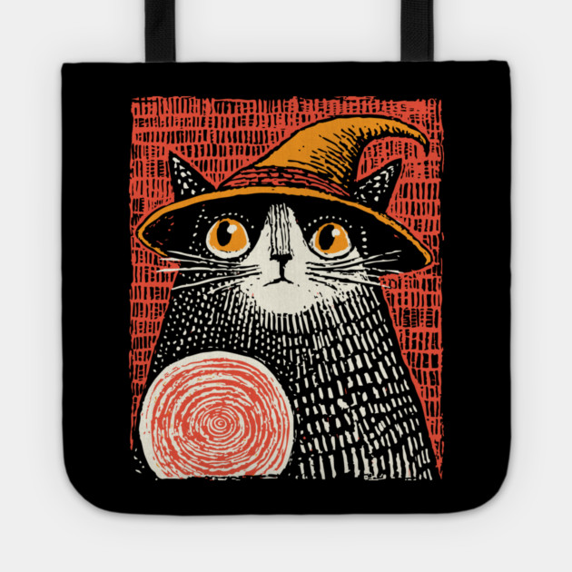 Witch Cat with Crystal Ball – Spooky Halloween Linocut Tote by TuncGK